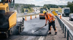 Vägarbetare lägger ny asfalt på en väg i Västsverige