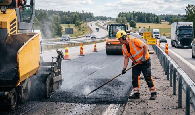 Vägarbetare lägger ny asfalt på en väg i Västsverige